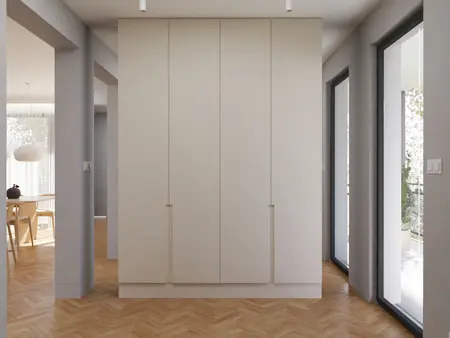 Przedpokój w stylu japandi z szafą i dużymi oknami.