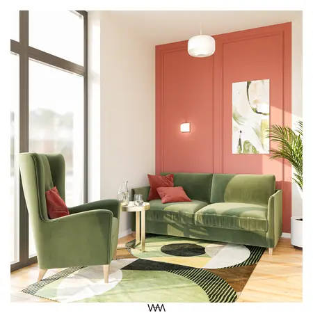 Wnętrze salonu w stylu art deco z zielonymi meblami i różowymi detalami.
