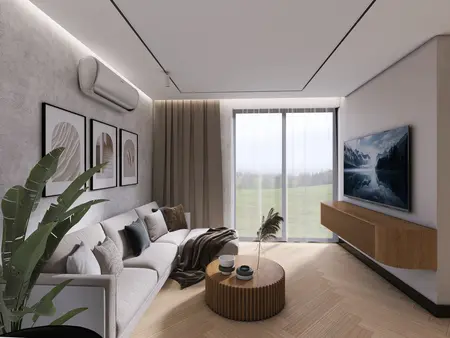Wnętrze salonu z minimalistycznym designem, nowoczesnymi meblami i współczesnymi akcentami.