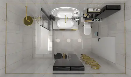 Nowoczesna łazienka z białymi umywalkami i złotymi detalami, w stylu boho i industrialnym.