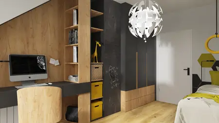 Nowoczesny pokój dziecięcy ze skandynawskim stylem, z biurkiem i kolorowymi akcentami.