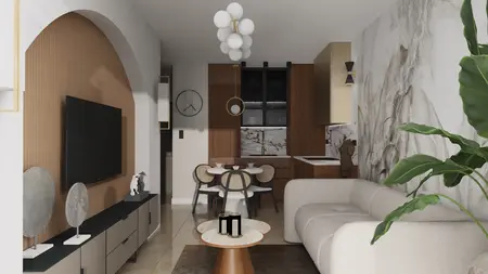 Współczesny salon z beżową sofą, drewnianym stołem i rośliną.