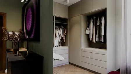 Garderoba w stylu eklektycznym i minimalistycznym z szafkami i dodatkami.