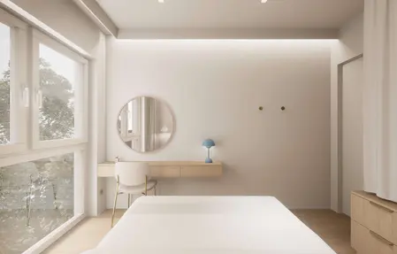 Wnętrze sypialni w stylu japandi, minimalistycznym, nowoczesnym i quiet luxury z jasnymi meblami.