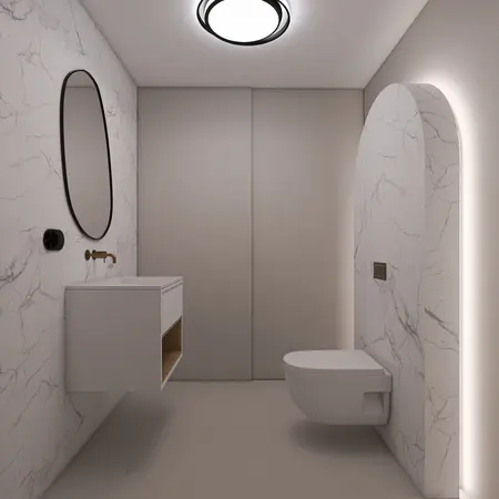 Nowoczesna łazienka z minimalistycznym designem, białą umywalką i marmurową ścianą.