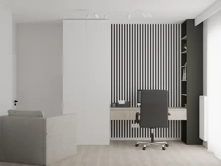 Wnętrze biura z minimalistycznym designem, nowoczesne meble, współczesne akcenty.