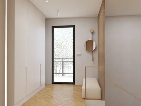 Przedpokój w stylu japandi, nowoczesny z soft minimalizmem.