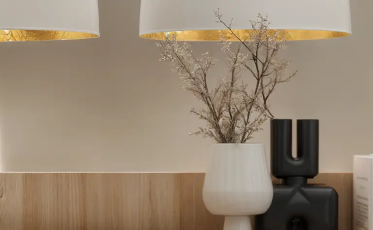 Eklektyczne wnętrze z minimalistyczną szafką i nowoczesnymi lampami.