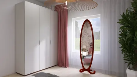 Wnętrze sypialni z białą szafą, różowymi zasłonami i lustrem w stylu boho i tradycyjnym.