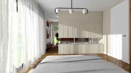 Nowoczesna łazienka z jasnymi meblami i dużym oknem, styl projektowy nowoczesny.