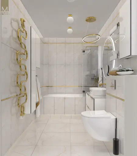 Nowoczesna łazienka z białymi kafelkami, złotymi detalami, w stylu boho i minimaluxe.