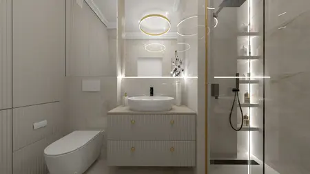 Stylowa łazienka w stylu art deco i glamour z nowoczesnym oświetleniem.