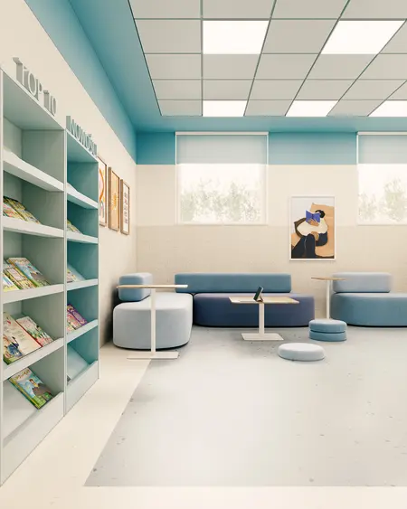 Pokój z niebieskimi meblami, regałem i nowoczesnymi akcentami. Dopamine decor, eklektyczny styl.