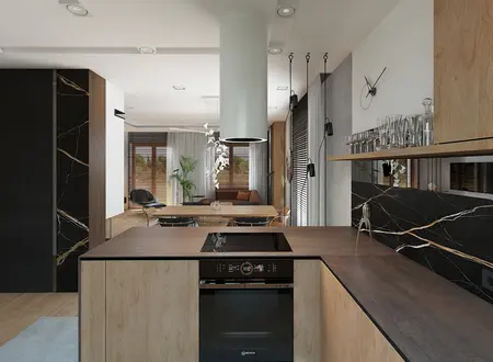 Wnętrze kuchni w stylu dopamine decor z drewnianymi elementami, minimalistyczne i współczesne.