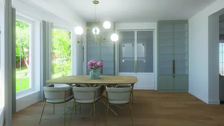 Jadalnia w stylu quiet luxury z drewnianym stołem i roślinnymi akcentami.