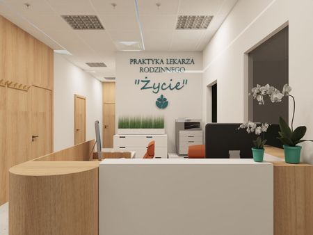 Recepcja lekarza rodzinnego z białymi meblami i drewnem, styl skandynawski.