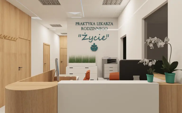 Recepcja lekarza rodzinnego z białymi meblami i drewnem, styl skandynawski.