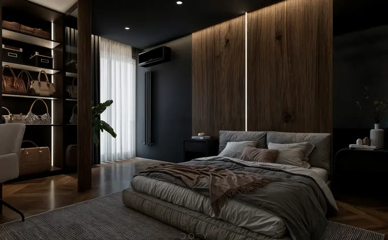 Wnętrze sypialni w stylu eklektycznym z nowoczesnymi elementami i quiet luxury.