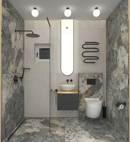 Wnętrze łazienki z szarymi płytkami, białą umywalką i akcesoriami w stylu dopamine decor, industrialnym, minimalistycznym.