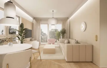 Wnętrze salonu w stylu japandi, minimalistycznym, nowoczesnym, quiet luxury.
