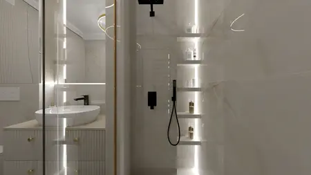 Nowoczesna łazienka w stylu art deco i glamour z białą umywalką.