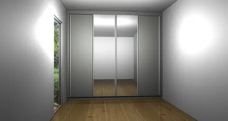Nowoczesna garderoba z lustrzanymi drzwiami i drewnianą podłogą.