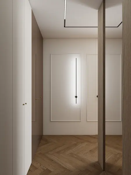 Przedpokój w stylu eklektycznym z drewnianą podłogą i minimalistycznym oświetleniem.