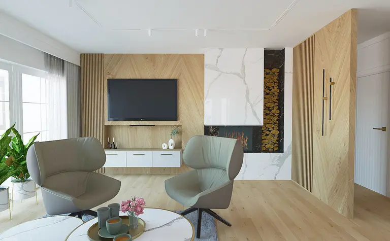 Wnętrze salonu z roślinnymi akcentami i kominkiem w stylu quiet luxury.