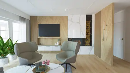 Wnętrze salonu z roślinnymi akcentami i kominkiem w stylu quiet luxury.