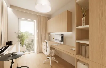 Wnętrze biura w stylu japandi, minimalistycznym i nowoczesnym z drewnianym biurkiem.