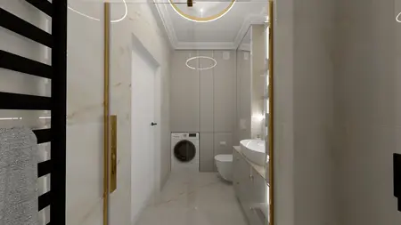 Nowoczesna łazienka w stylu art deco i glamour z białą umywalką