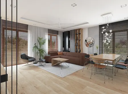 Wnętrze salonu w stylu dopamine decor, minimalistycznym i soft minimalizm z brązową kanapą.