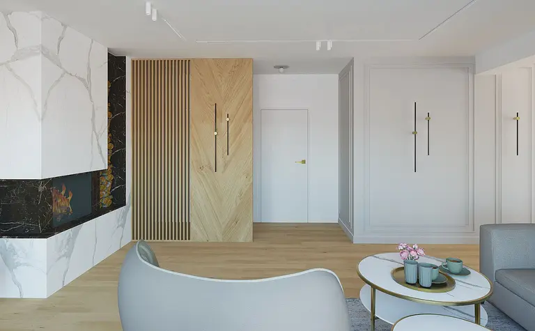Salonu z kominkiem, drewnianymi meblami i jasnymi ścianami w stylu quiet luxury.
