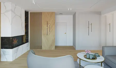 Salonu z kominkiem, drewnianymi meblami i jasnymi ścianami w stylu quiet luxury.