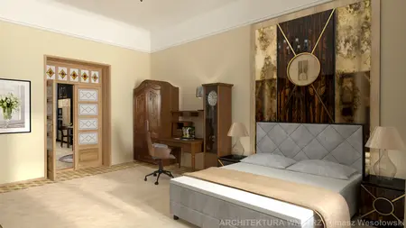 Wnętrze sypialni w stylu art deco z drewnianymi meblami i nowoczesnymi akcentami.