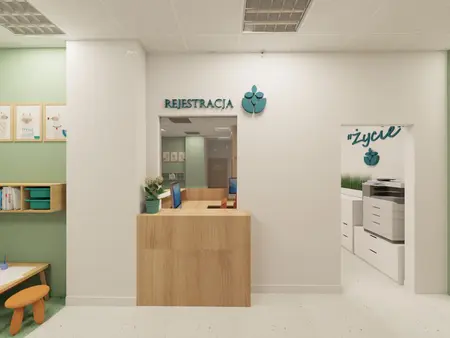 Nowoczesna recepcja z drewnianym biurkiem i zielonymi detalami, styl skandynawski.
