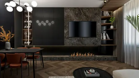 Wnętrze z eklektycznym stylem, nowoczesnymi meblami, quiet luxury i współczesnym wykończeniem.