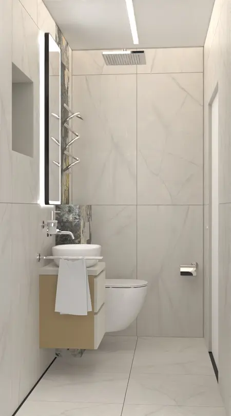 Wnętrze łazienki z białymi płytkami, minimalistycznym umywalką i industrialnymi akcentami.