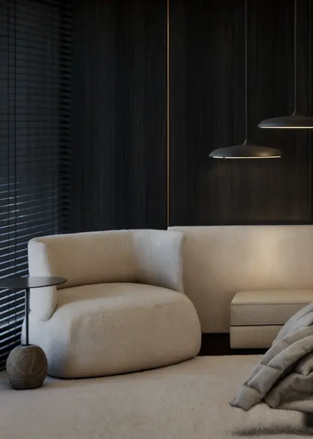 Eklektyczne wnętrze salonu z minimalistycznymi meblami, w stylu japandi i quiet luxury.