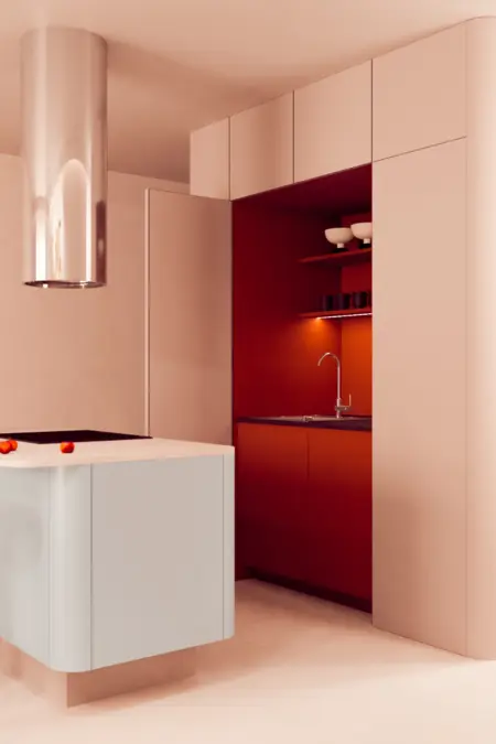 Kuchnia w stylu eklektycznym i minimalistycznym z białymi meblami i czerwonymi detalami.