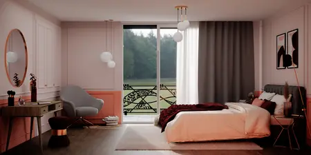 Wnętrze sypialni z różowymi ścianami, tradycyjnymi i glamour akcentami, eleganckie meble.