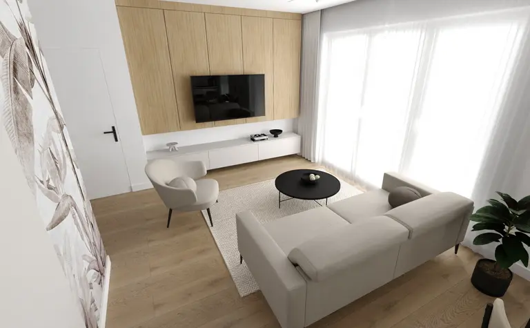 Wnętrze salonu w stylu minimalistycznym z beżową sofą, drewnianymi meblami i rośliną.