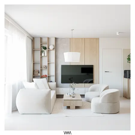 Wnętrze salonu w stylu japandi z minimalistycznym wystrojem i nowoczesnymi meblami.