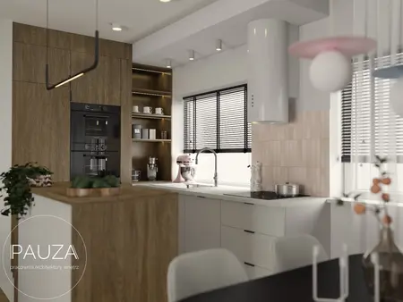 Nowoczesna kuchnia z drewnianymi meblami, różowymi akcentami i białymi detalami.
