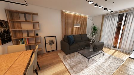 Wnętrze salonu w stylu eklektycznym z minimalistycznym wystrojem, nowoczesnymi meblami i skandynawskim akcentem.