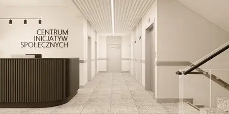 Recepcja w minimalistycznym wnętrzu z nowoczesnym biurkiem i oświetleniem, styl soft minimalizm.