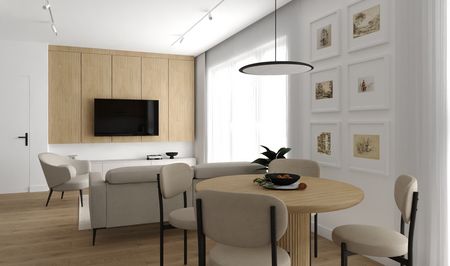 Minimalistyczne wnętrze jadalni z drewnianym stołem, beżowymi krzesłami i nowoczesnymi detalami.