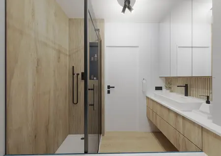 Nowoczesna łazienka z drewnianymi ścianami i białą umywalką, styl dopamine decor.