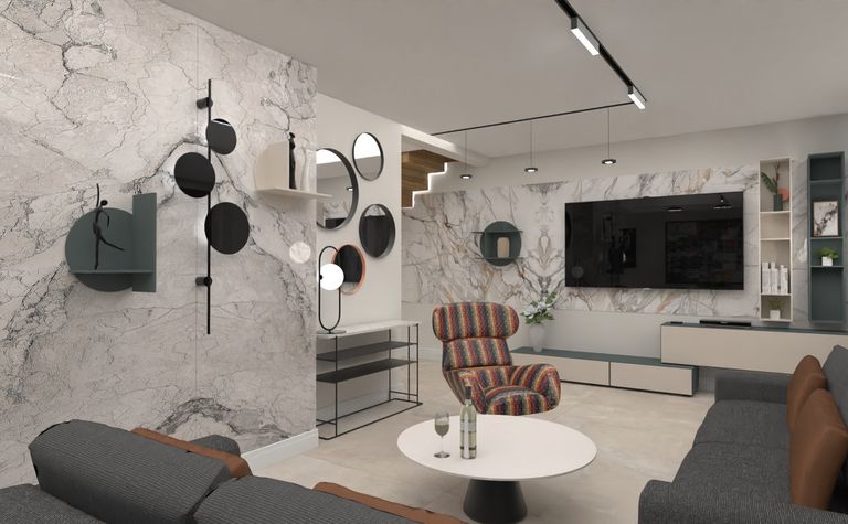 Nowoczesny salon z marmurowymi ścianami, kolorową sofą i stylowym oświetleniem. Dopamine decor, industrialny, japandi.