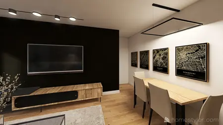 Wnętrze salonu eklektycznego z minimalistycznymi meblami, nowoczesnym oświetleniem i skandynawskim akcentem.